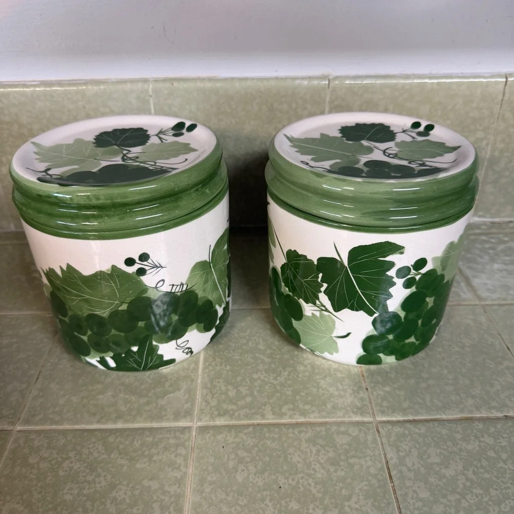 Designpac Inc Handpainted Ceramic Grape Canister Set of 2 Green White Vintage
